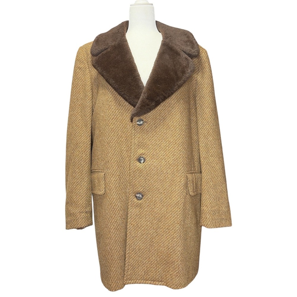 Vintage Hannys Mens Shop Faux Fur Collar Glenandes Glenoit Tweed Overcoat Tan L